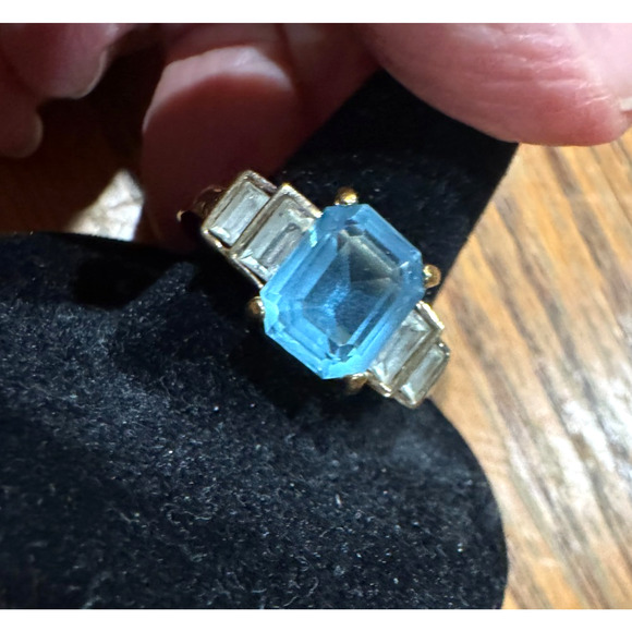 Art Deco Aquamarine 18K GP Gold Electroplate Cocktail Ring 9.5 - Picture 1 of 7